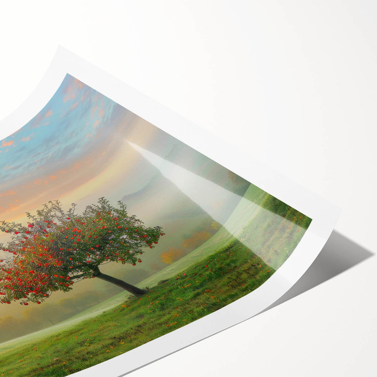 Abstract landscape wall art print showcasing vibrant hues of blue, orange, and green, designed to enhance modern home decor, rolled for easy shipping.