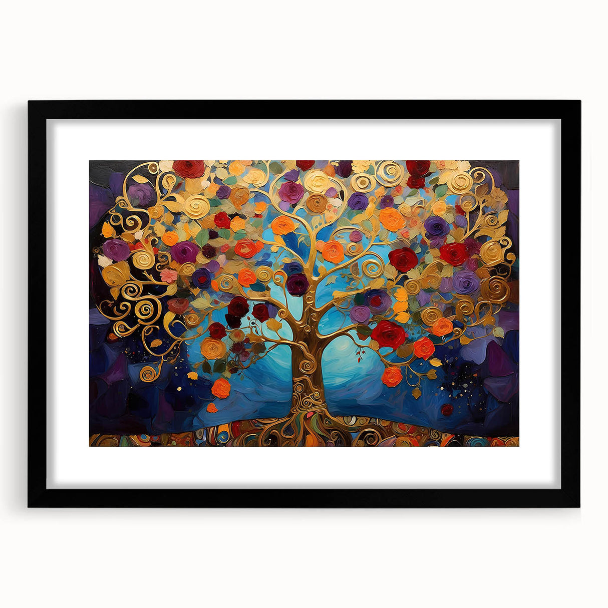 Abstract floral wall art framed in black, featuring vibrant colors and intricate designs, perfect for modern home decor, enhancing any living space with elegance.