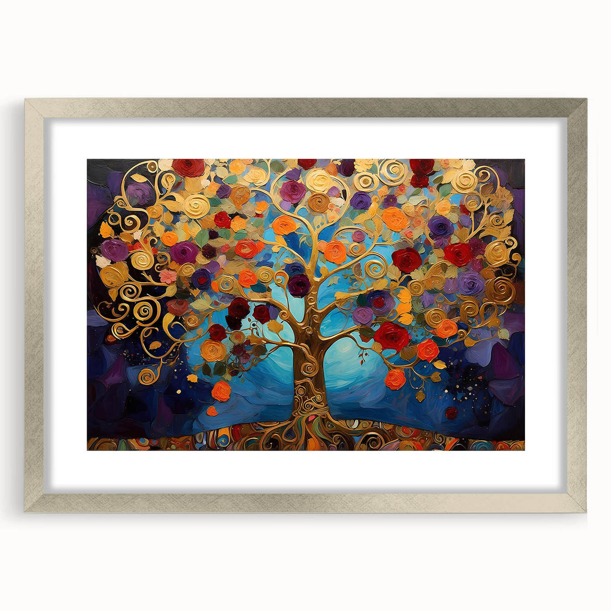 Abstract floral wall art print framed in a sleek silver frame with a white mat, showcasing vibrant colors and intricate designs, ideal for modern decor.