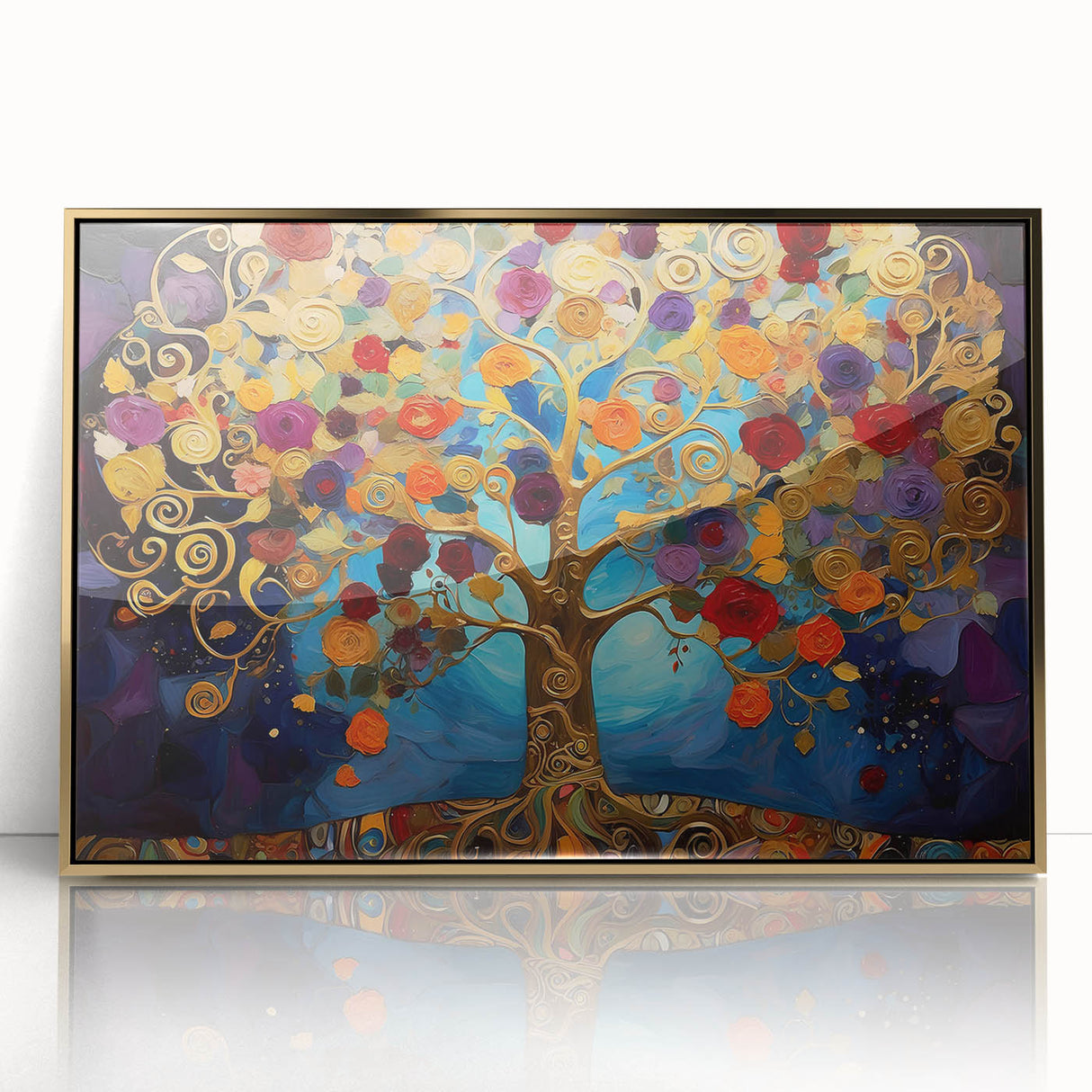 Framed abstract floral wall art with gold accents, showcasing vibrant colors and intricate designs, ideal for modern home decor and stylish interiors.