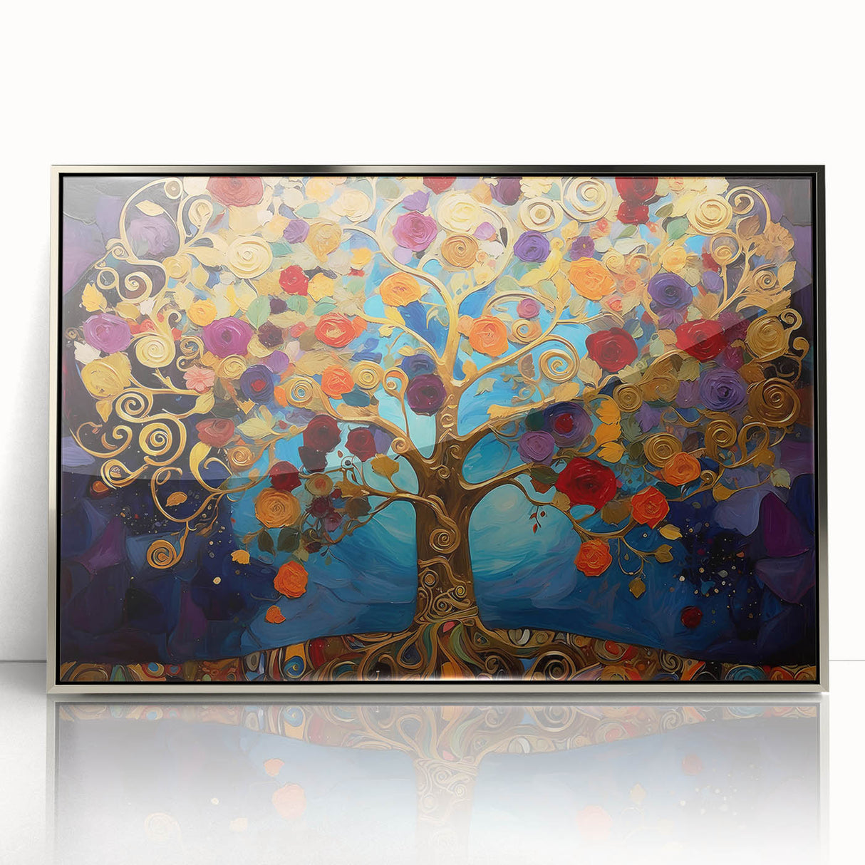 Framed wall art showcasing an abstract floral design in vibrant colors, set in a sleek silver frame, perfect for enhancing modern home decor style.