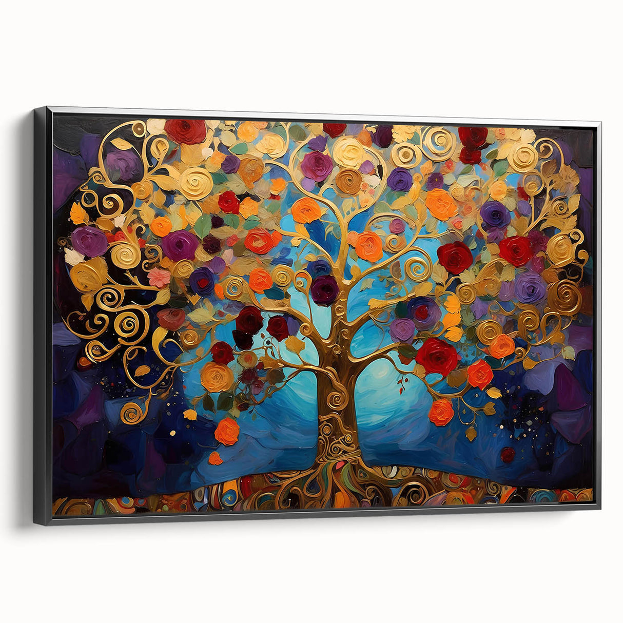 Framed canvas wall art showcasing an abstract floral design with vibrant colors, set against a black background, viewed from the side to highlight depth and texture.