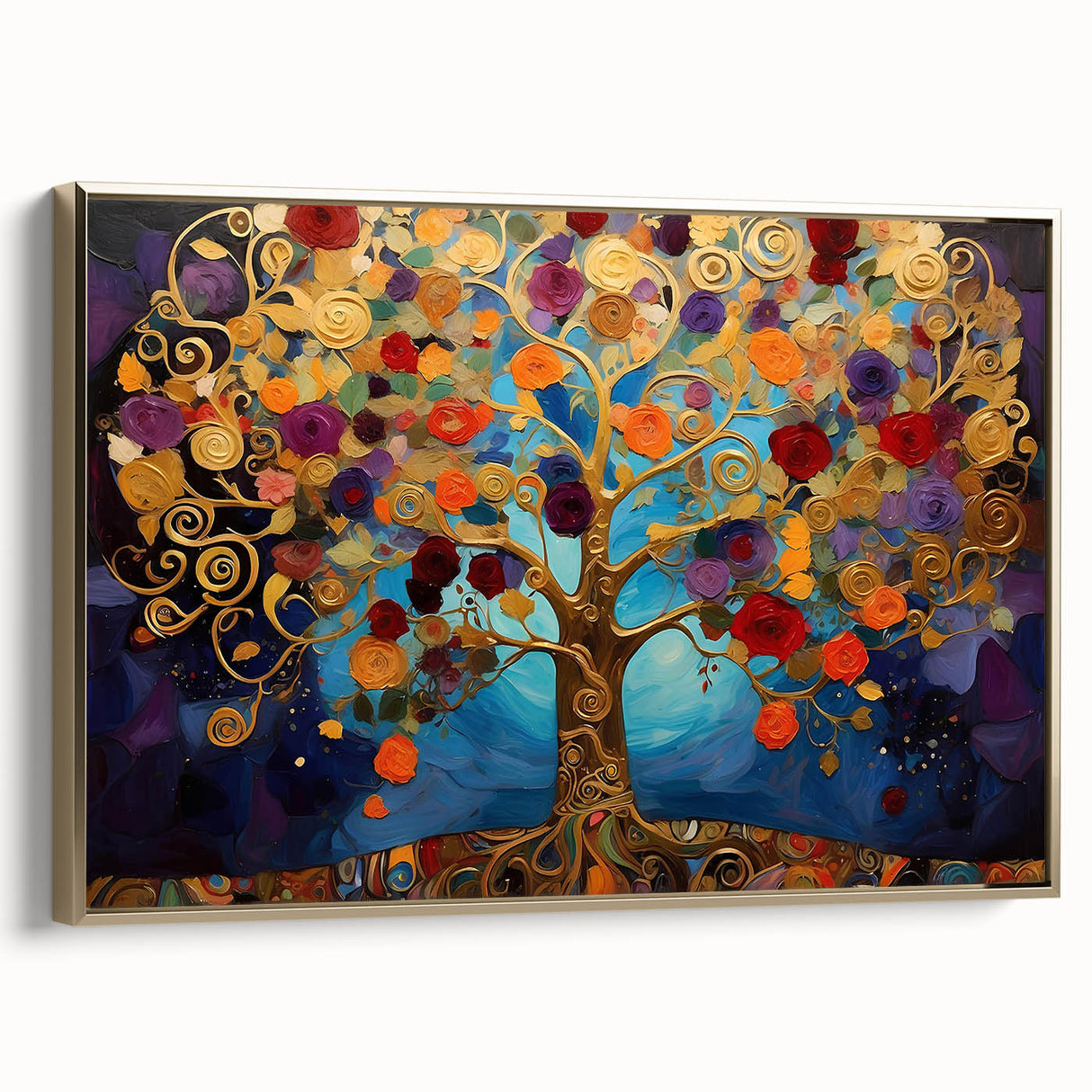 Framed wall art featuring abstract floral designs in vibrant colors with gold accents, showcasing elegance and modern aesthetic, perfect for home decor.