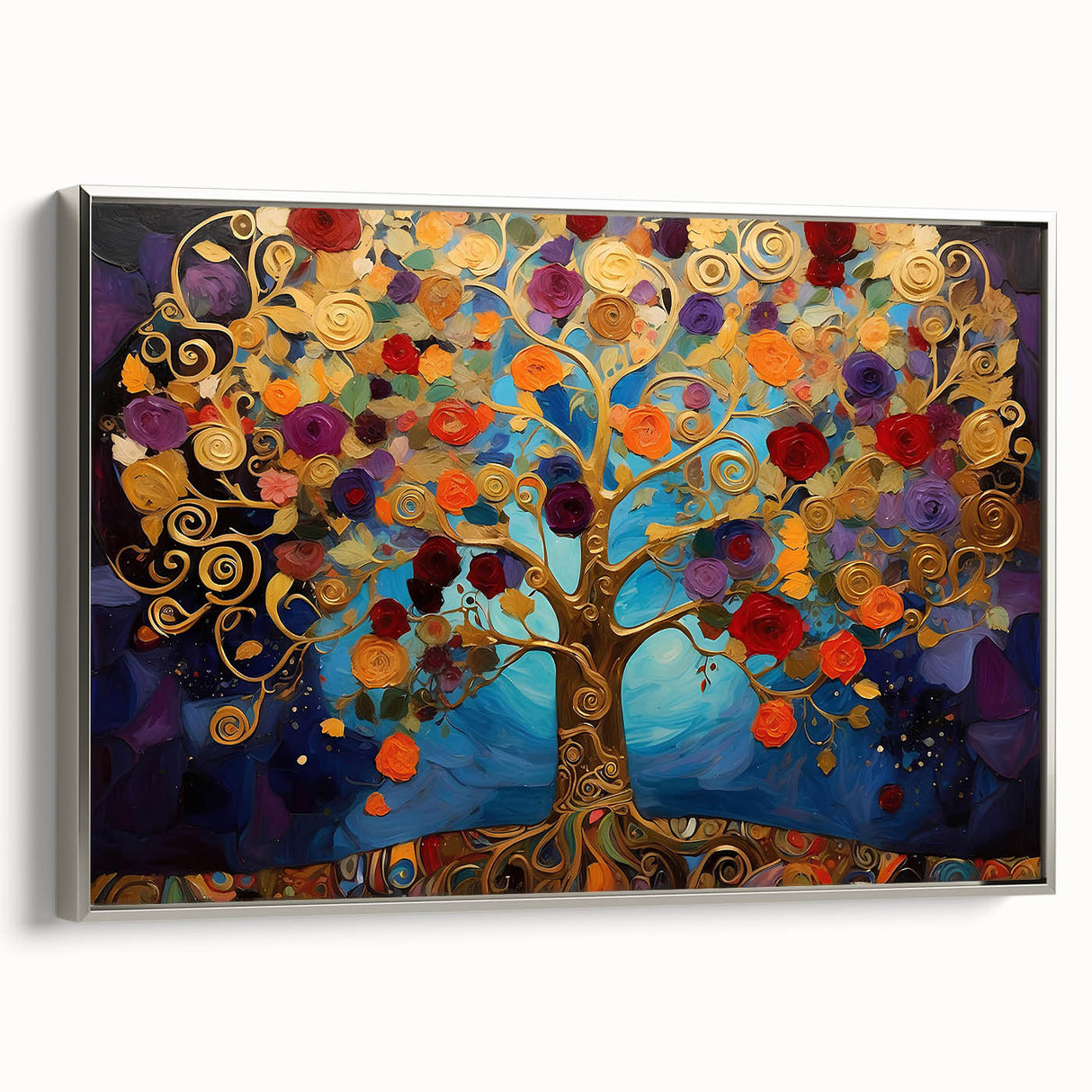 Framed canvas wall art featuring an abstract floral design with vibrant colors and silver accents. The side view highlights its elegant finish, ideal for modern decor.