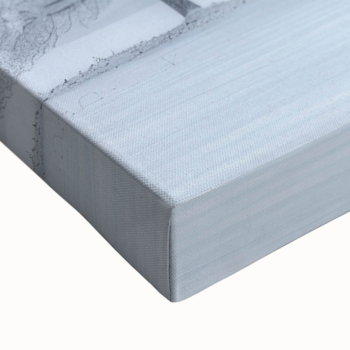 Close-up of abstract landscape wall art on stretched canvas, showcasing vibrant colors of blue and gold, ideal for modern home decor.