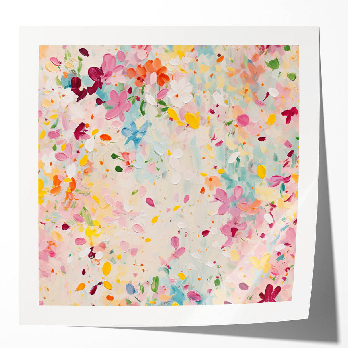 Abstract floral wall art print featuring vibrant colors and intricate patterns, displayed in a glossy finish, ideal for modern home decor.