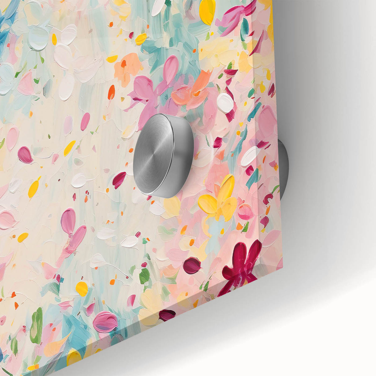 Close-up of vibrant abstract floral wall art, showcasing intricate acrylic glass details in shades of pink, blue, and green, ideal for modern decor.