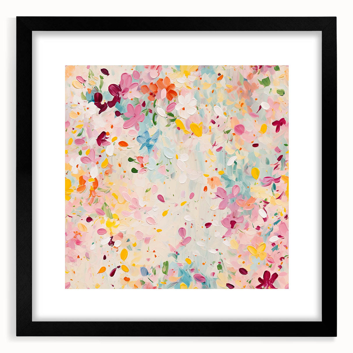 Abstract floral wall art framed in black, featuring vibrant colors and intricate designs, perfect for modern home decor. Ideal for enhancing living spaces with elegance.