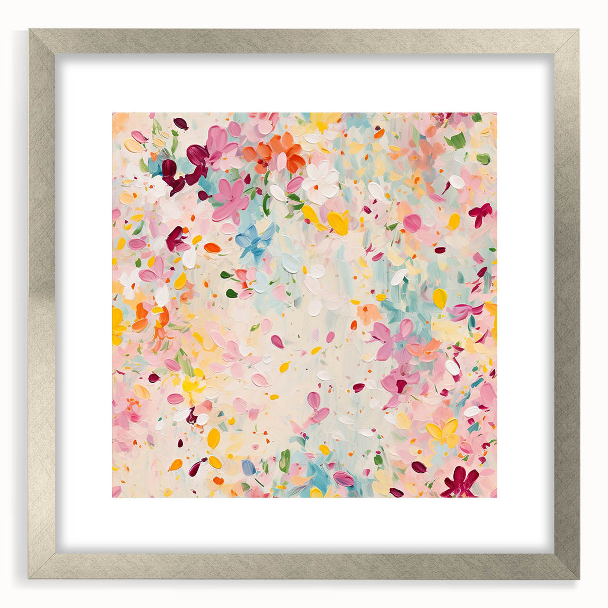 Abstract floral wall art framed in silver with a mat, showcasing vibrant colors and intricate designs, ideal for modern home decor and enhancing living spaces.