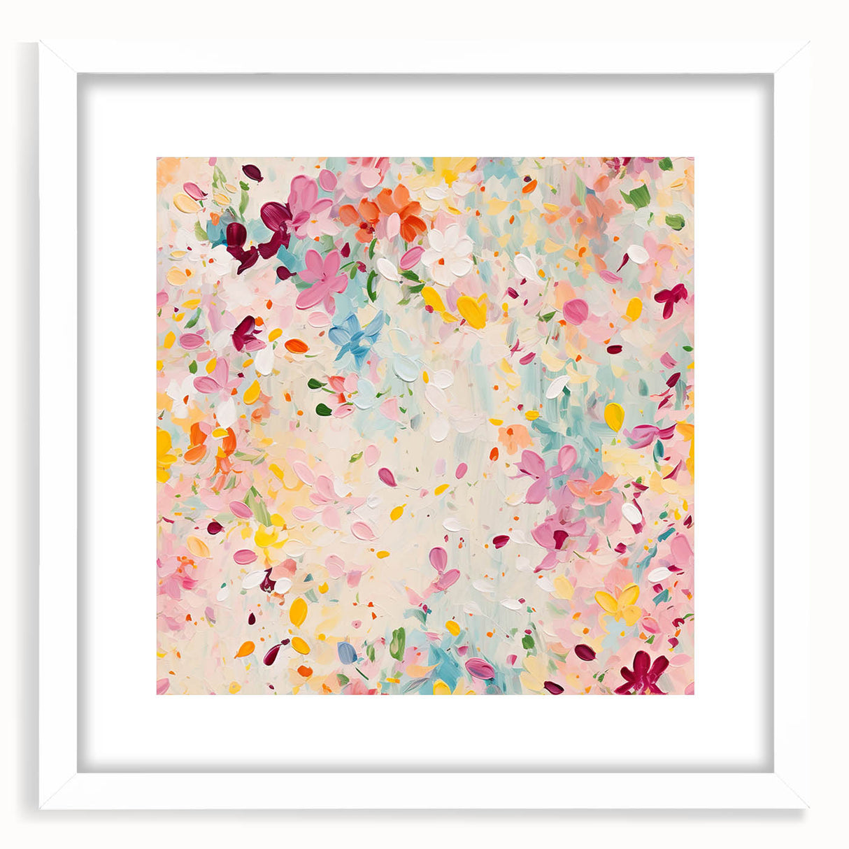 Abstract floral wall art framed with a white mat, showcasing vibrant colors and intricate designs, perfect for modern home decor or gallery display.