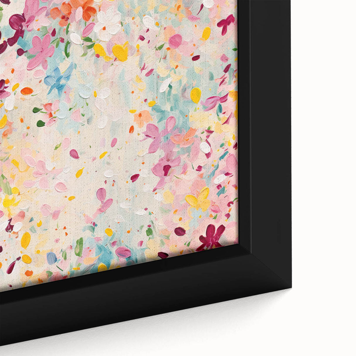 Close-up of a framed canvas showcasing vibrant abstract floral wall art with intricate brush strokes and rich colors, perfect for modern home decor.