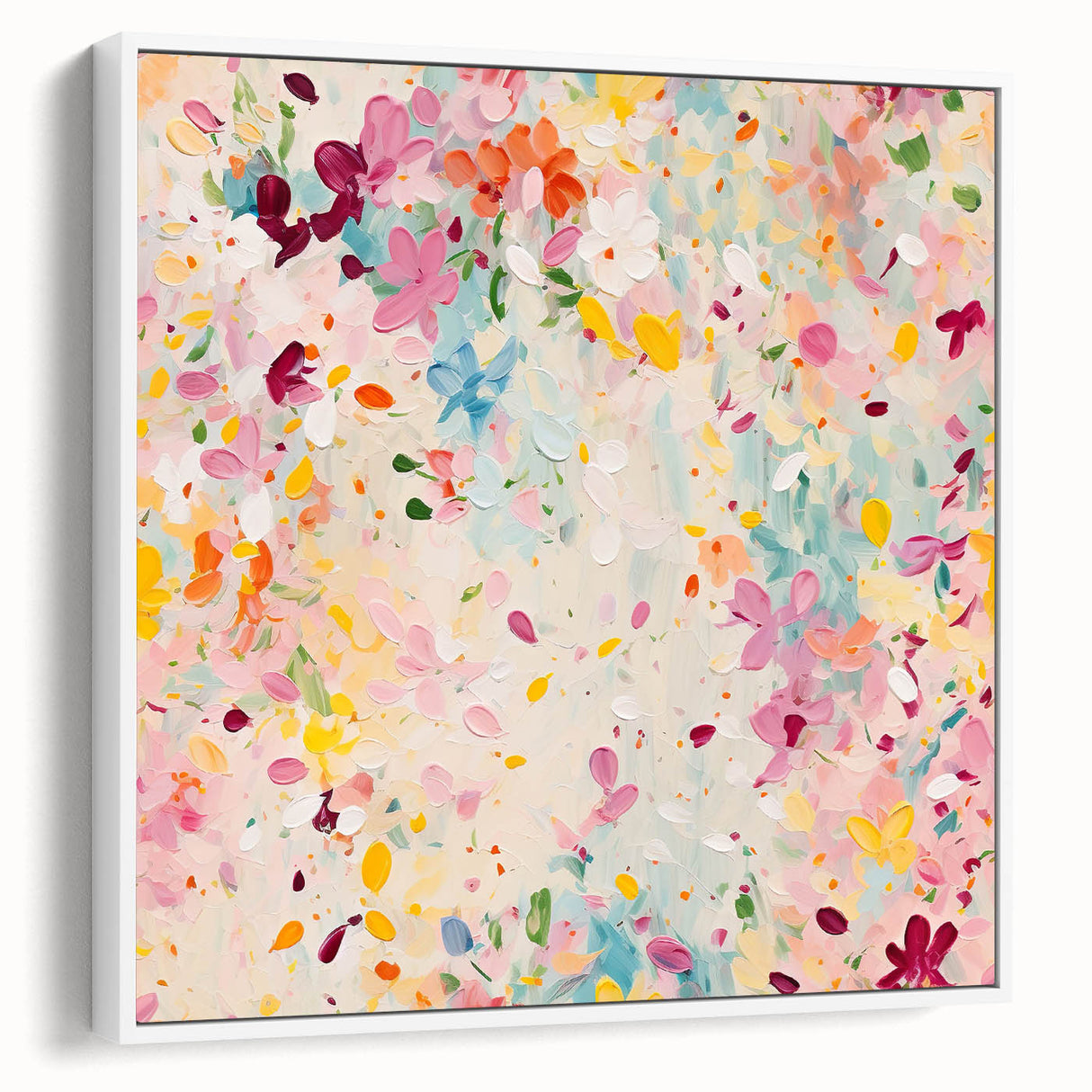 Framed canvas wall art featuring a vibrant abstract floral design with soft pastel colors, displayed against a white background from a side view, ideal for modern decor.
