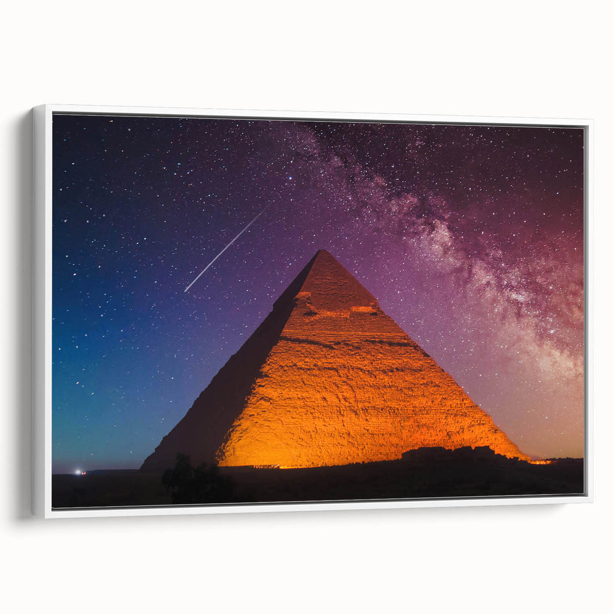 Framed canvas wall art featuring a vintage-style Egyptian landscape in black and white tones, ideal for bedroom decor.