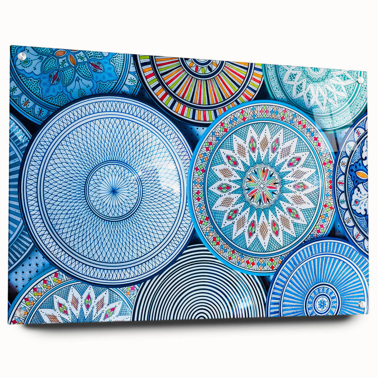 Large abstract wall art of a Moroccan landscape in muted earth tones, printed on acrylic glass.