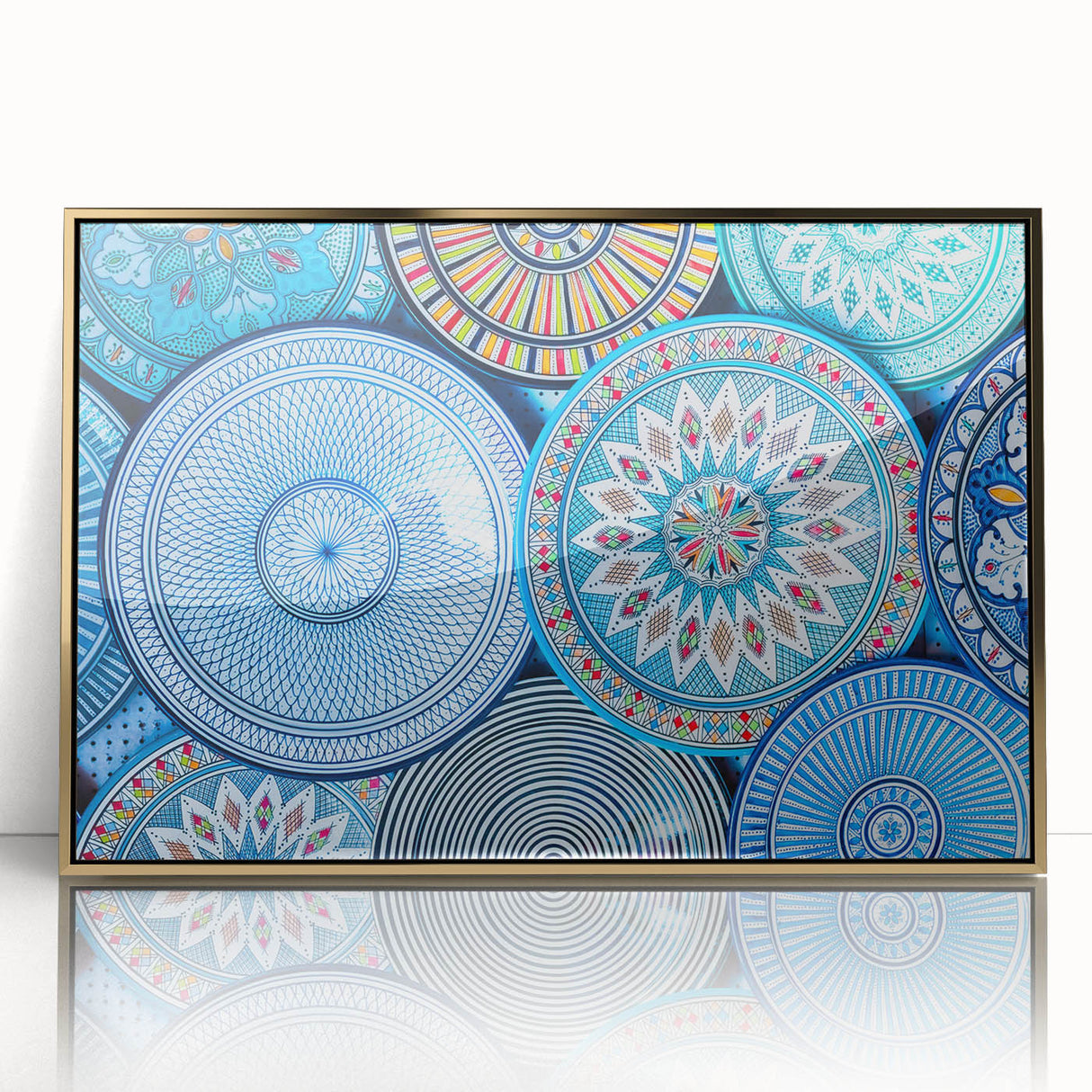 Mid-century modernist art depicting a Moroccan landscape in gold and earth tones on a framed acrylic.