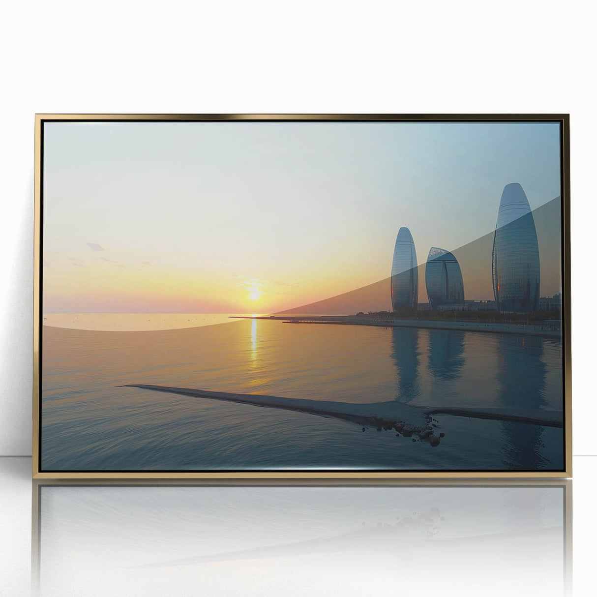 Framed acrylic print of a mid-century modernist Asian scenery in gold and earth tones, suitable for modern art wall decor.