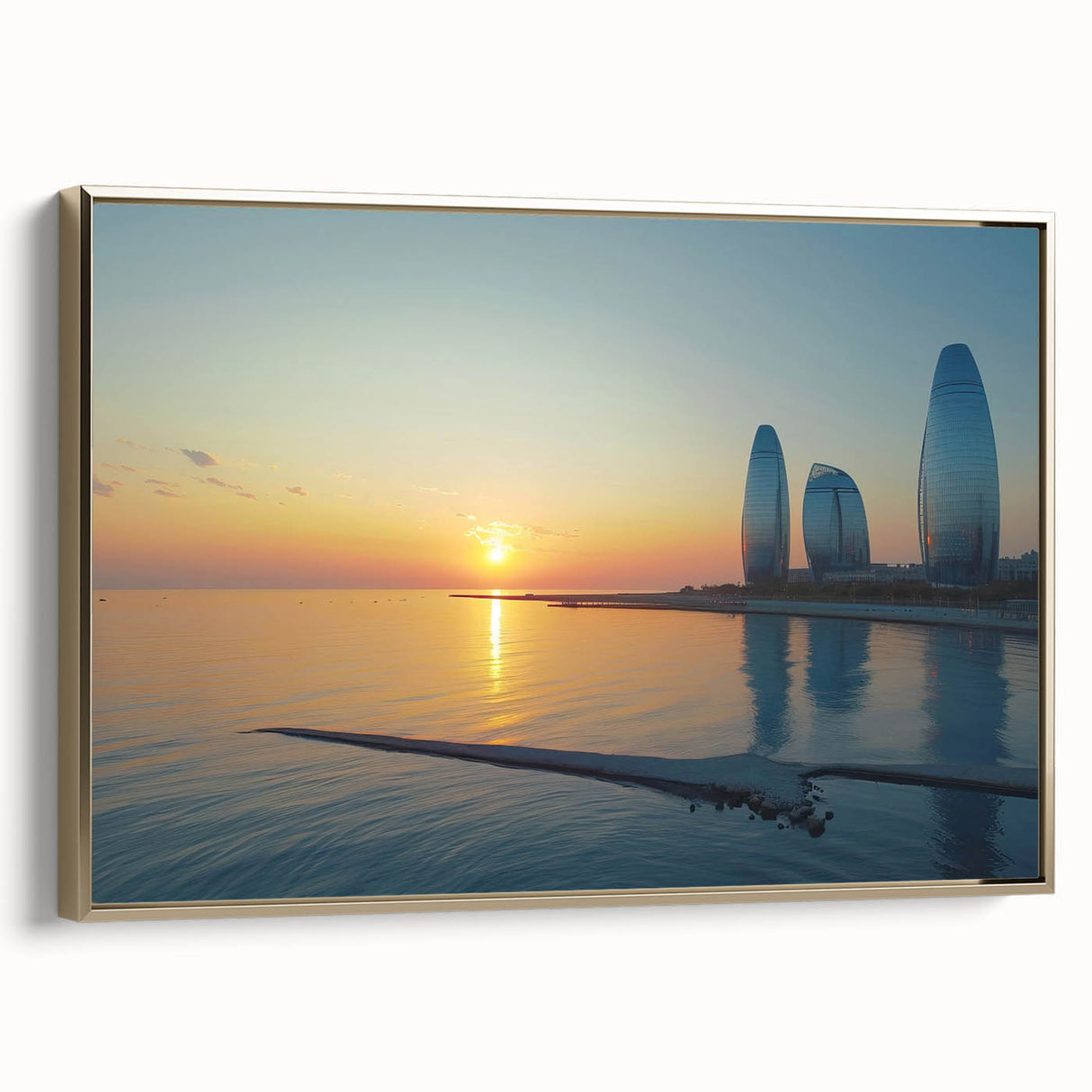 Framed canvas featuring a vintage-style landscape painting of an Azerbaijan scenery in black and gold.