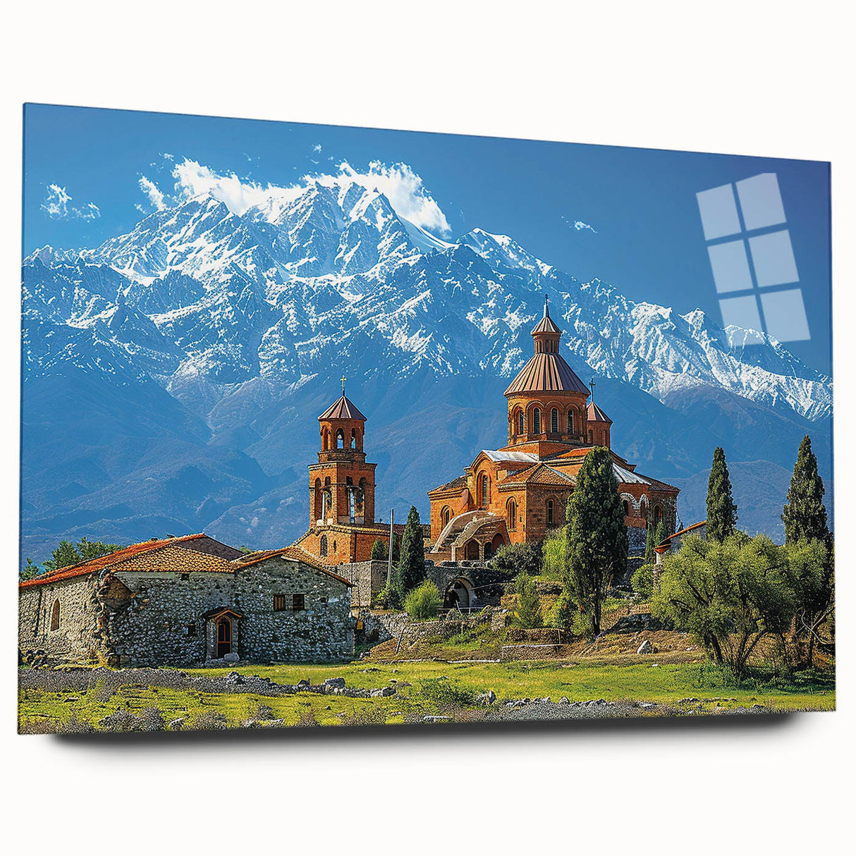 Large abstract wall art on acrylic glass featuring muted earth tones and geometric shapes.