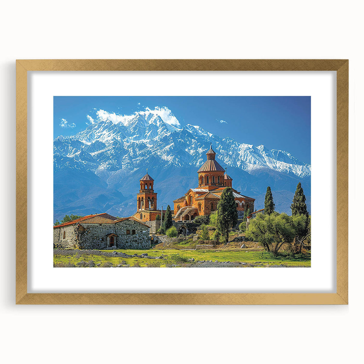 Extra large abstract art print of a textured scenery in gold frame, ideal for living room wall art.