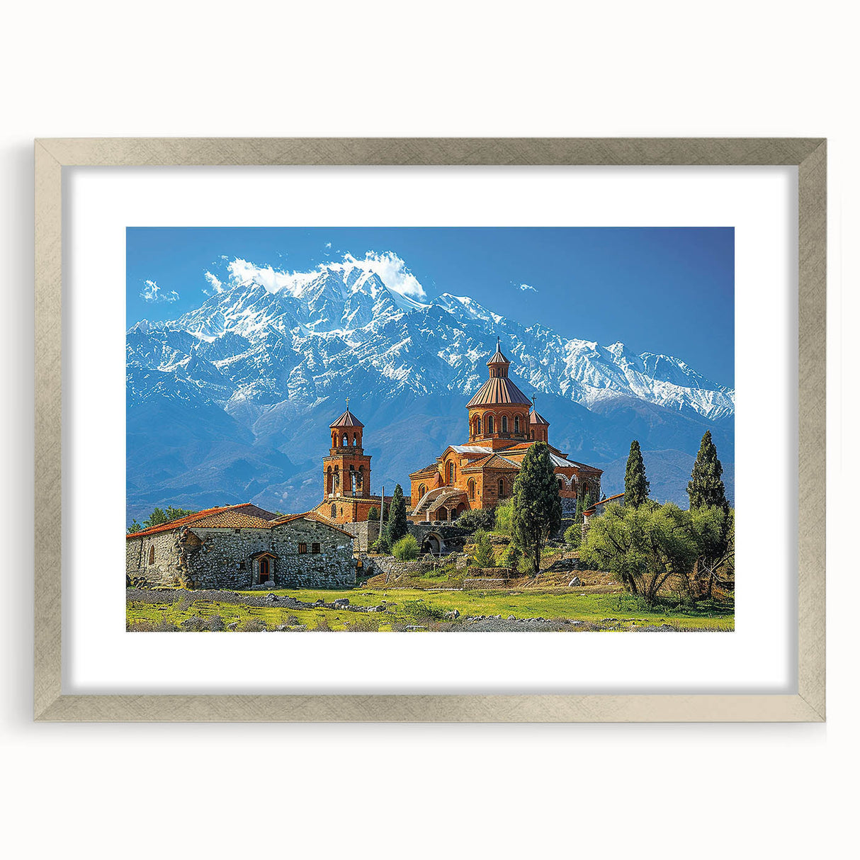 Textured abstract art print featuring muted earth tones, framed in silver, ideal for bedroom ambiance.