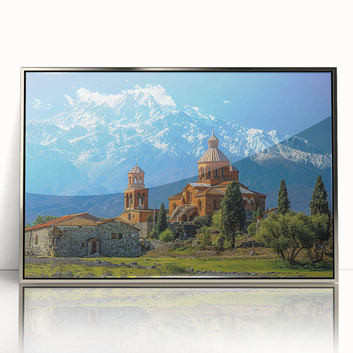 Mid-century modernist art depicting a serene Georgian landscape in muted earth tones, framed in silver acrylic.