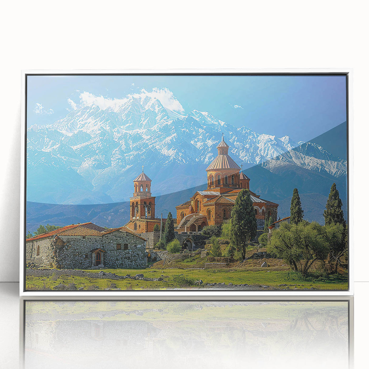 Art deco poster of a Georgia landscape in muted blue and green tones on a white acrylic frame.