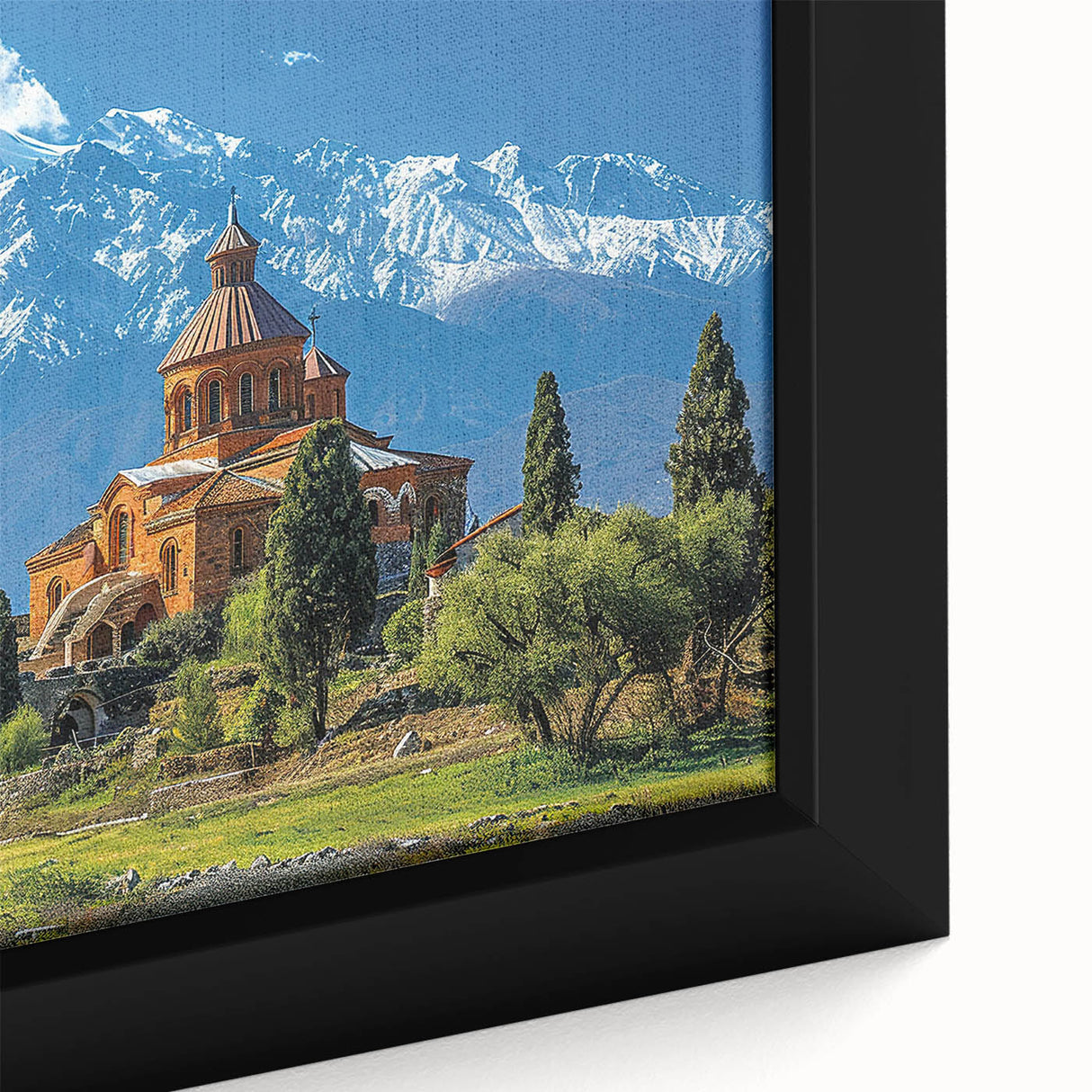 Extra large framed canvas depicting a textured, colorful Asian scenery in black, ideal for living room decor.