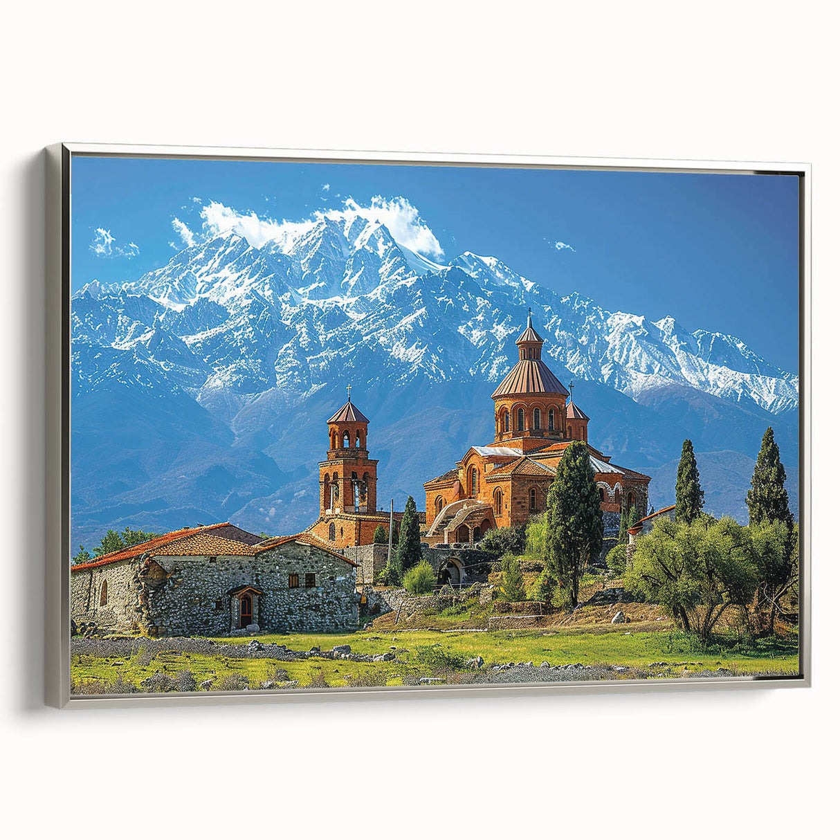Landscape art painting depicting a scenic Georgian vista on a framed canvas, featuring a palette of muted earth tones.