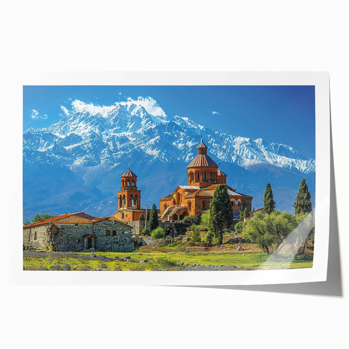 Extra large rolled print of a Georgian landscape with vibrant green and floral elements.