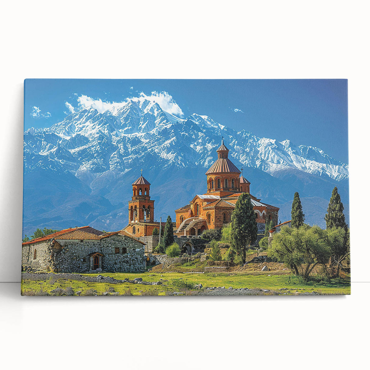 Black and white large art print of the Georgian landscape on stretched canvas, ideal for kitchen wall art.