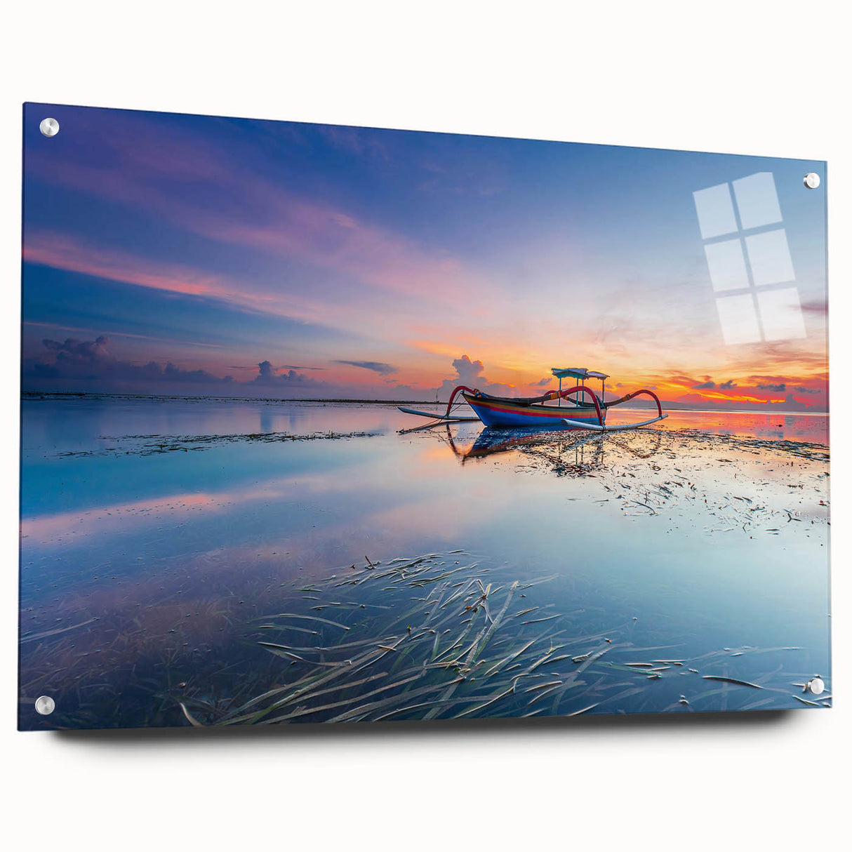 Large abstract wall art depicting an Indonesian landscape in muted earth tones on acrylic glass.