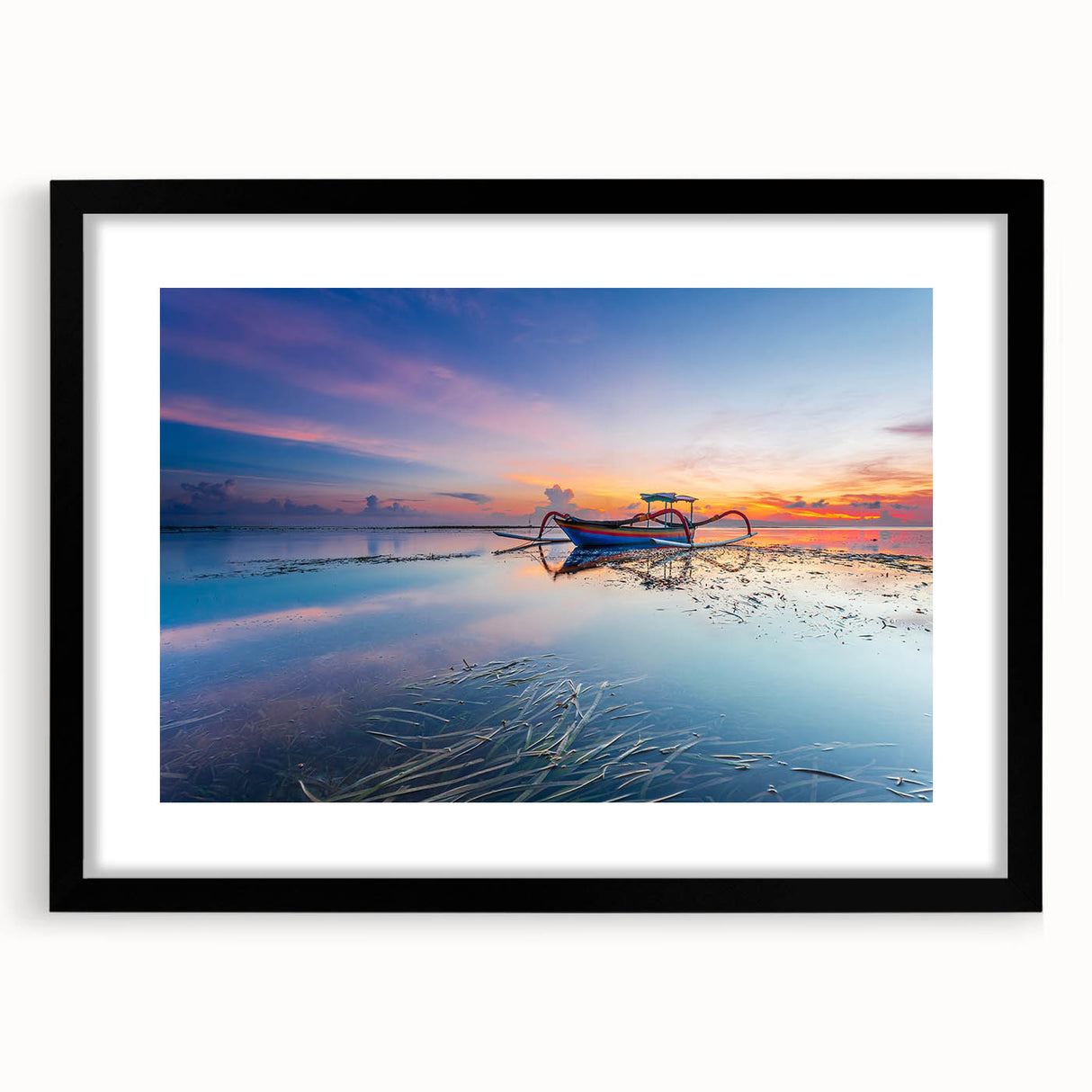 Extra large abstract art print featuring a colorful, textured depiction of an Indonesian landscape on a black framed canvas.