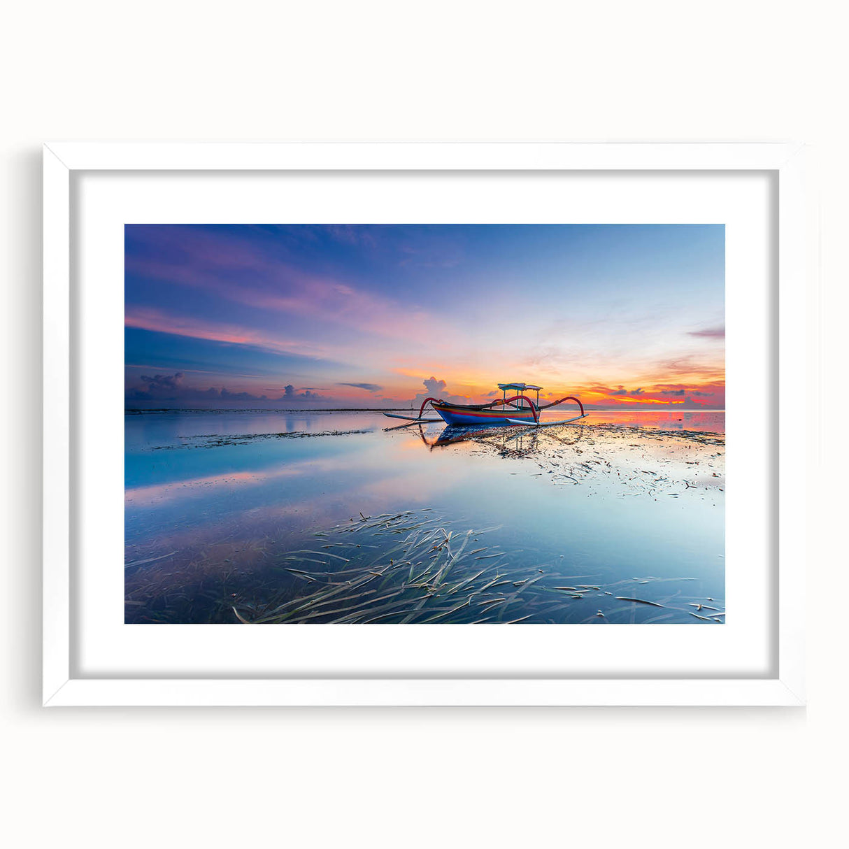 Abstract art print of Indonesian scenery in muted earth tones on a white-framed mat.