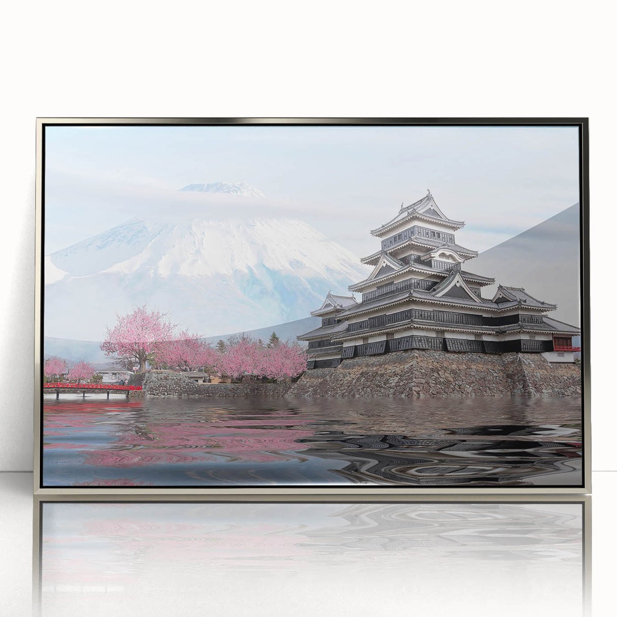 Mid-century modernist art depicting a serene Japanese landscape in muted earth tones, framed acrylic.