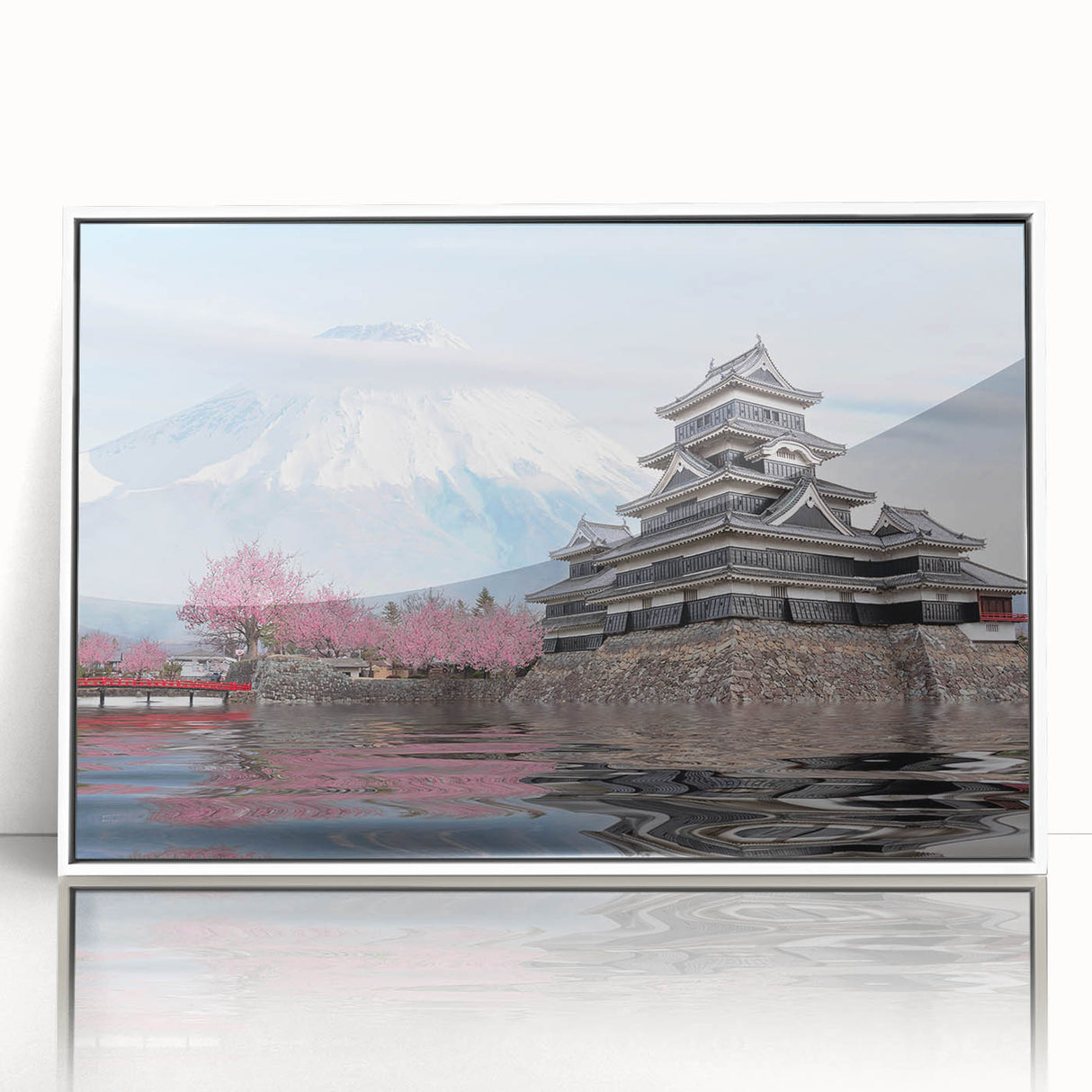 Art Deco poster of a Japanese scenery in muted gray and pastel colors on framed acrylic.