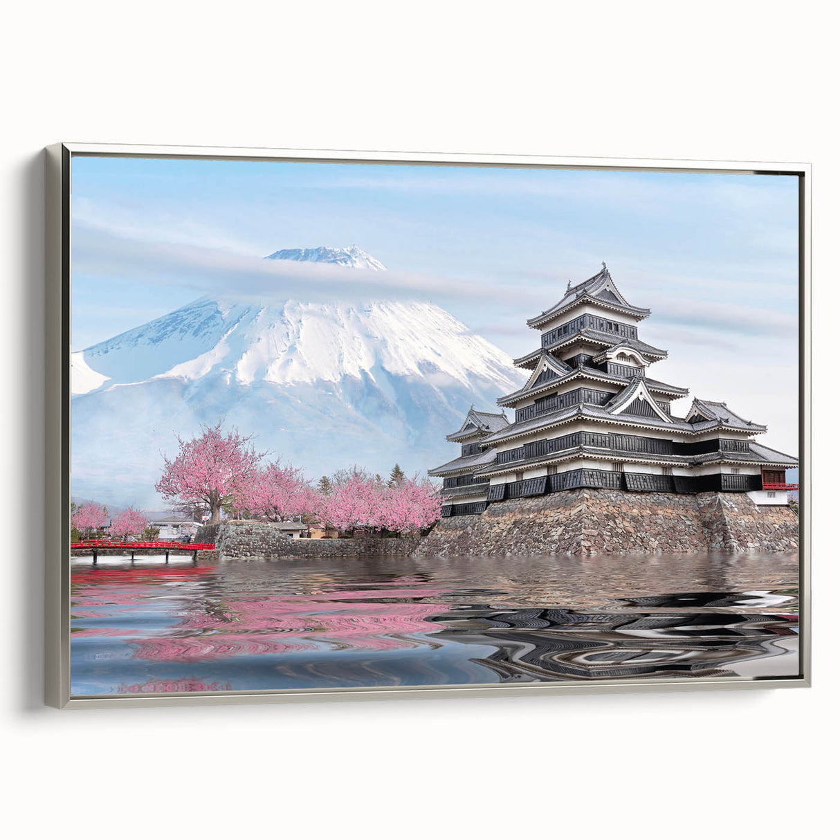 Framed canvas featuring a vintage-style Japanese landscape painting in colorful tones, ideal for living room decor.