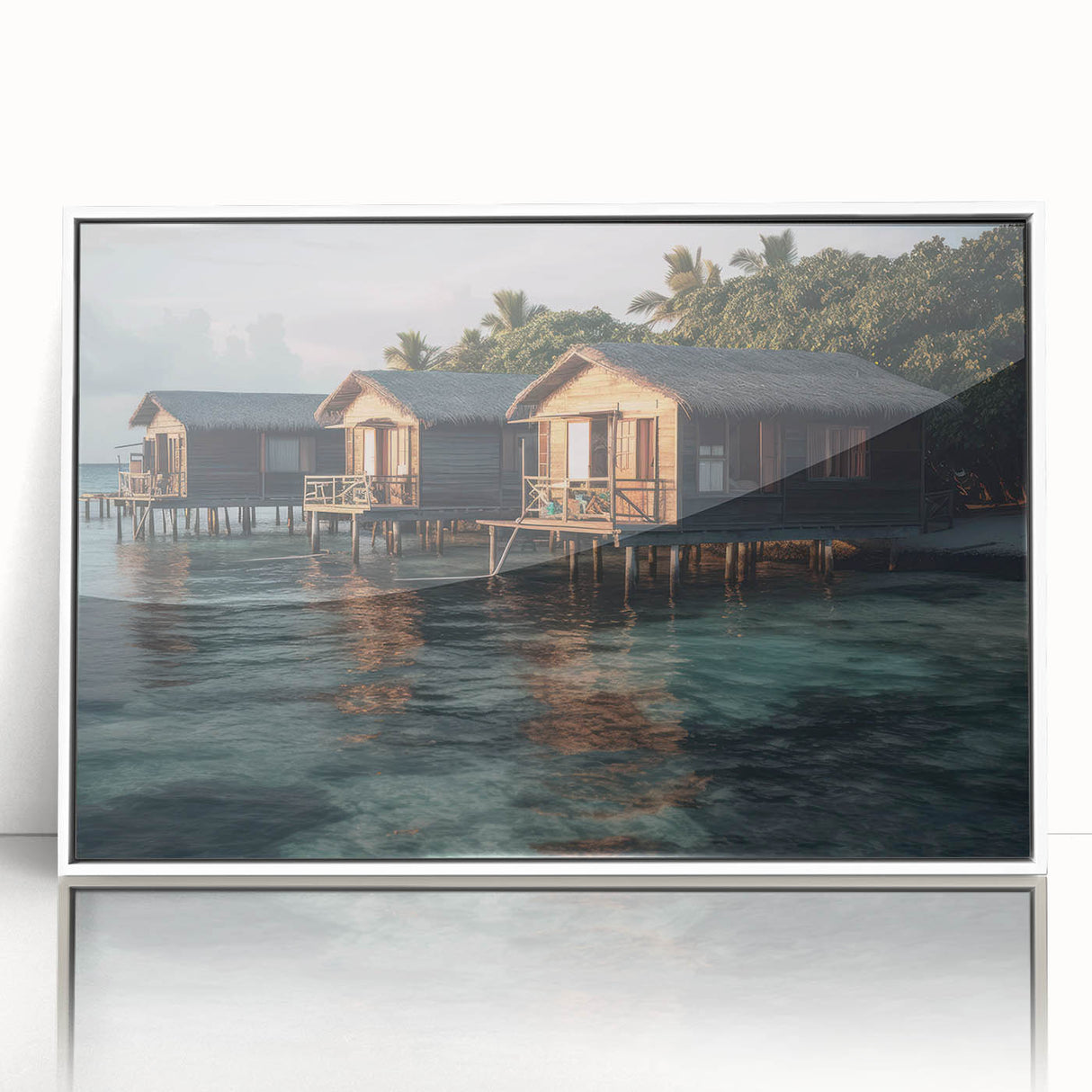 Art deco poster depicting a serene Malaysian landscape in muted green and blue tones, framed acrylic.