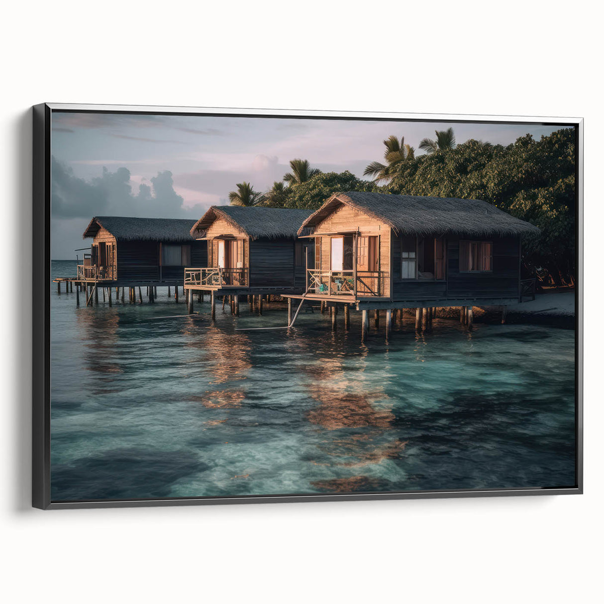 Black and white framed canvas featuring a vintage-style Malaysian landscape, ideal for bedroom decor.