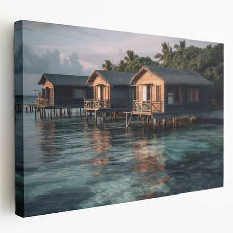 Side view of a stretched canvas depicting a serene Malaysian landscape in muted green and blue tones.