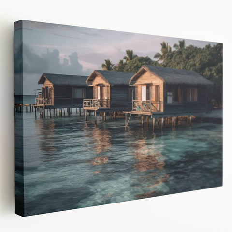 Side view of a stretched canvas depicting a serene Malaysian landscape in muted green and blue tones.
