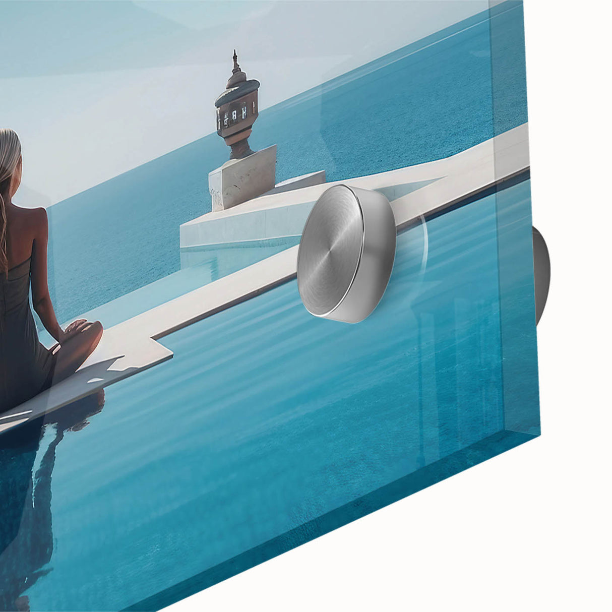 Large abstract wall art depicting a serene Maldivian scenery in muted blue and green tones, acrylic glass print.