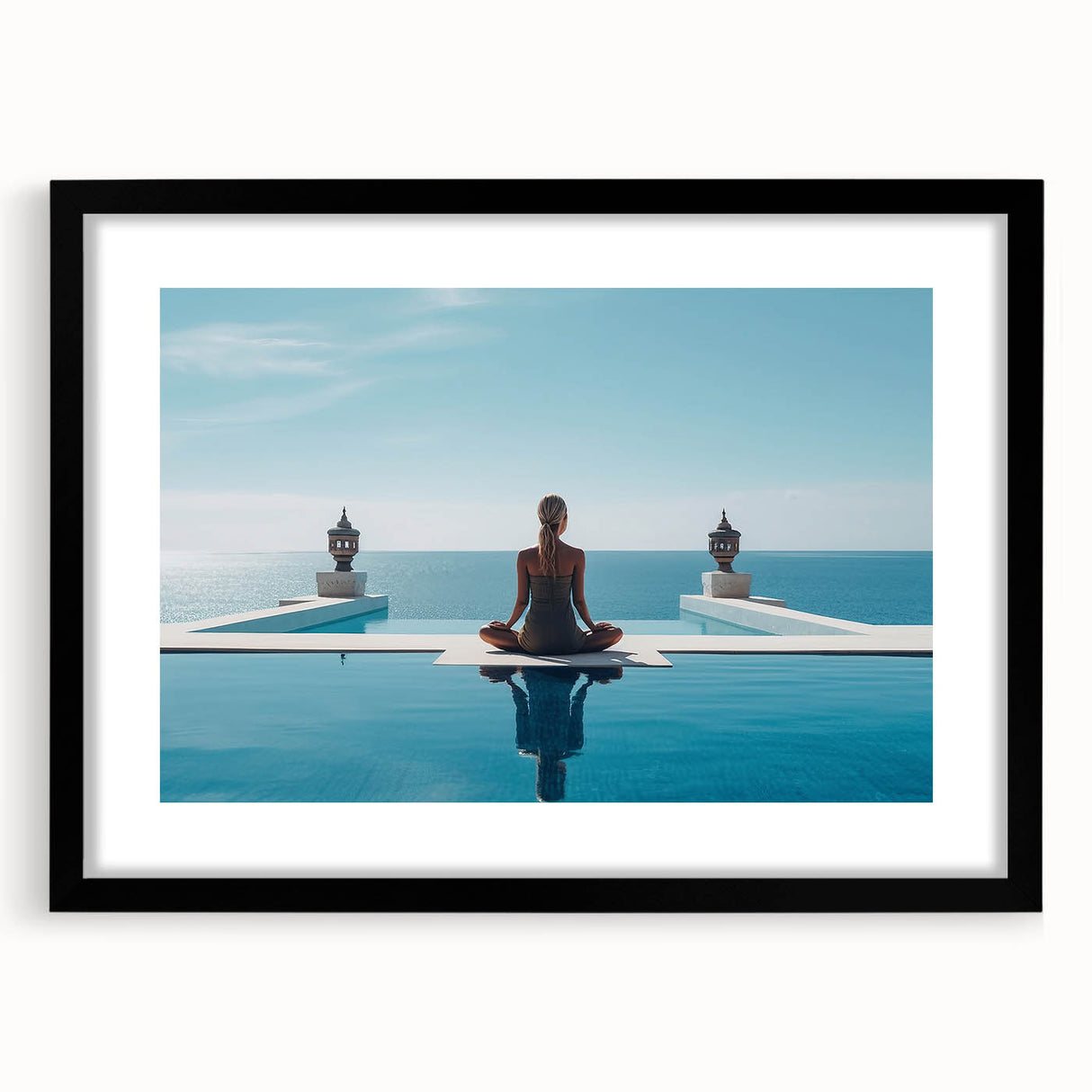 Extra large abstract art print of colorful, textured scenery resembling the Maldives on a black-framed canvas.