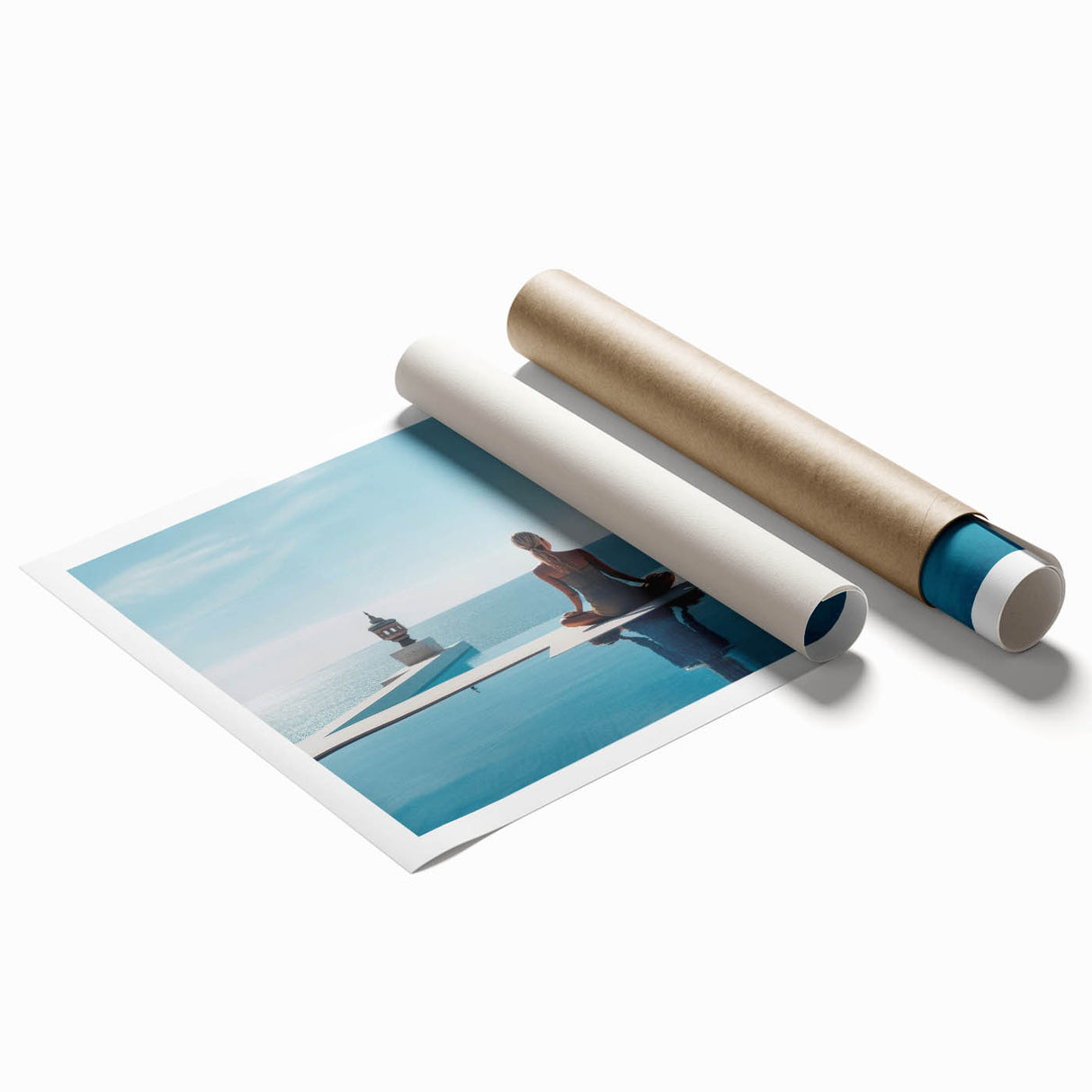 Extra large rolled print of a serene Maldivian beach with vibrant blue and white tones, ideal for classy bathroom wall art.