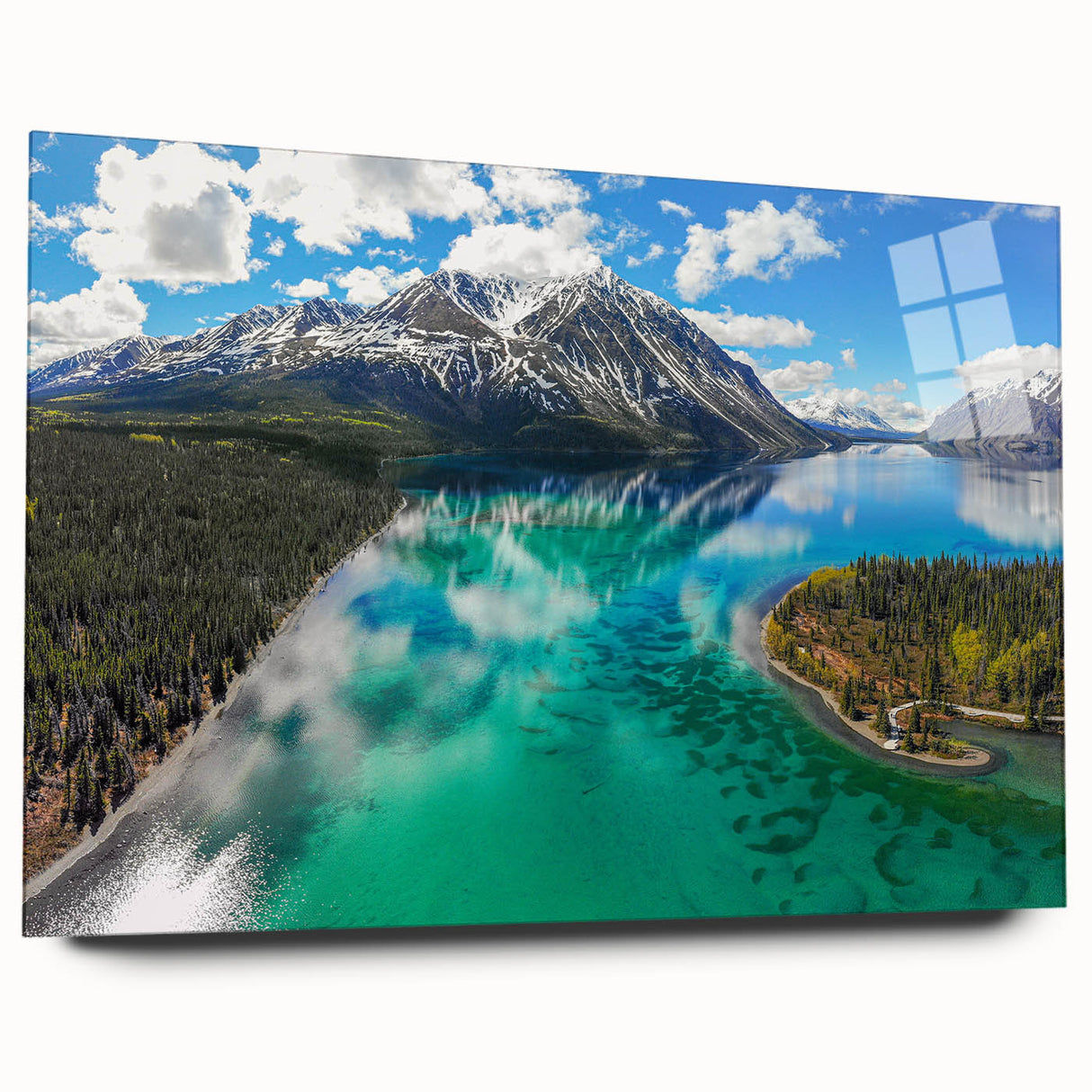 Large abstract wall art of Yukon scenery in muted earth tones on acrylic glass, ideal for bedroom or dining room decor.