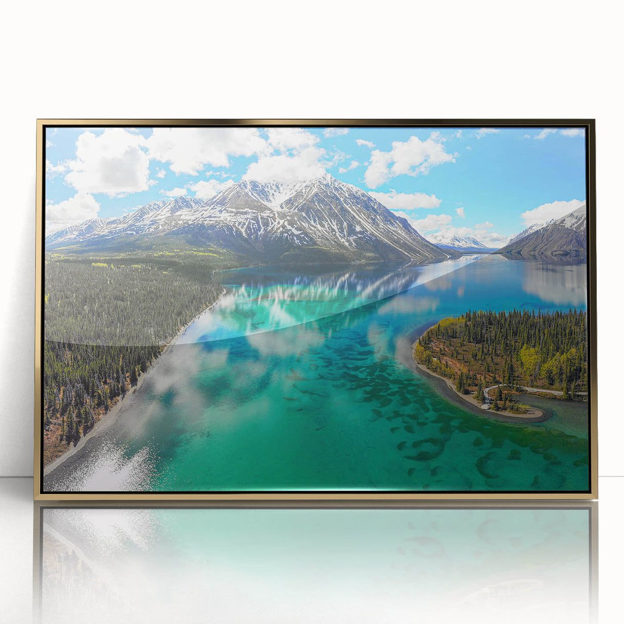 Large art print of a Yukon scenery in mid-century modernist style on gold-framed acrylic, featuring earthy tones.