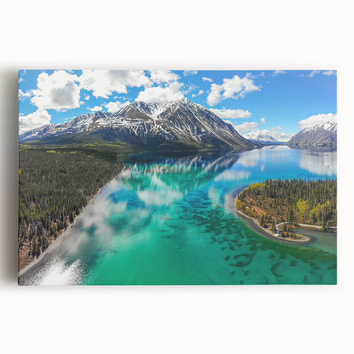 Black and white photo of Yukon scenery on large stretched canvas, suitable as kitchen art.