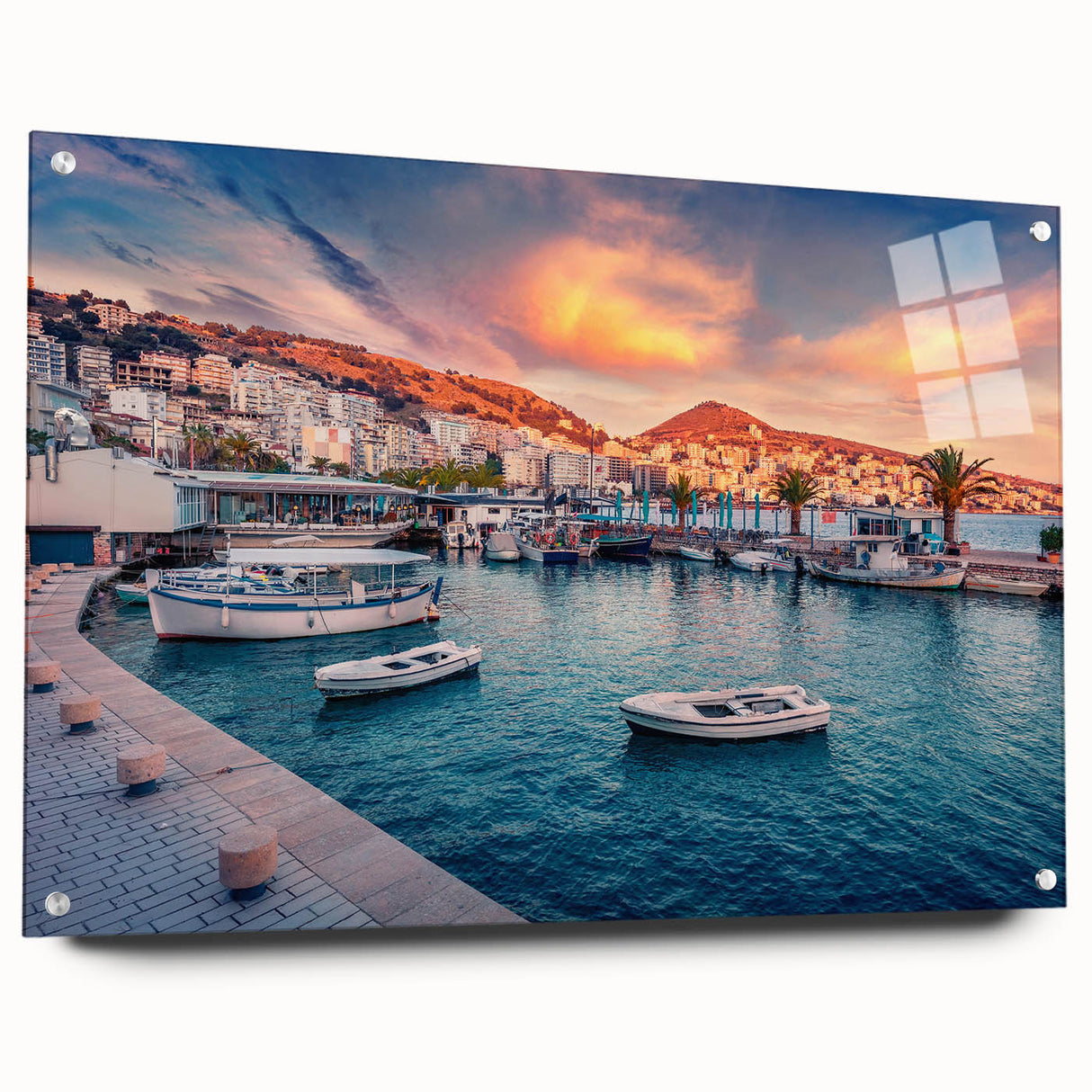 Large abstract wall art depicting a European scenery on acrylic glass, ideal for bedroom or dining room decor.