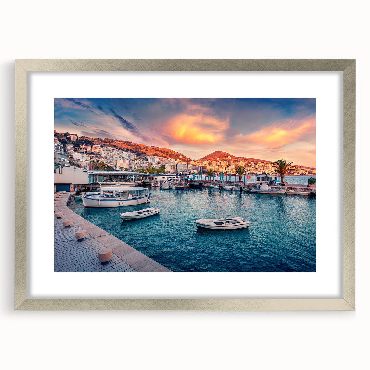 Extra large abstract art print depicting a textured European scenery in muted earth tones, framed in silver.