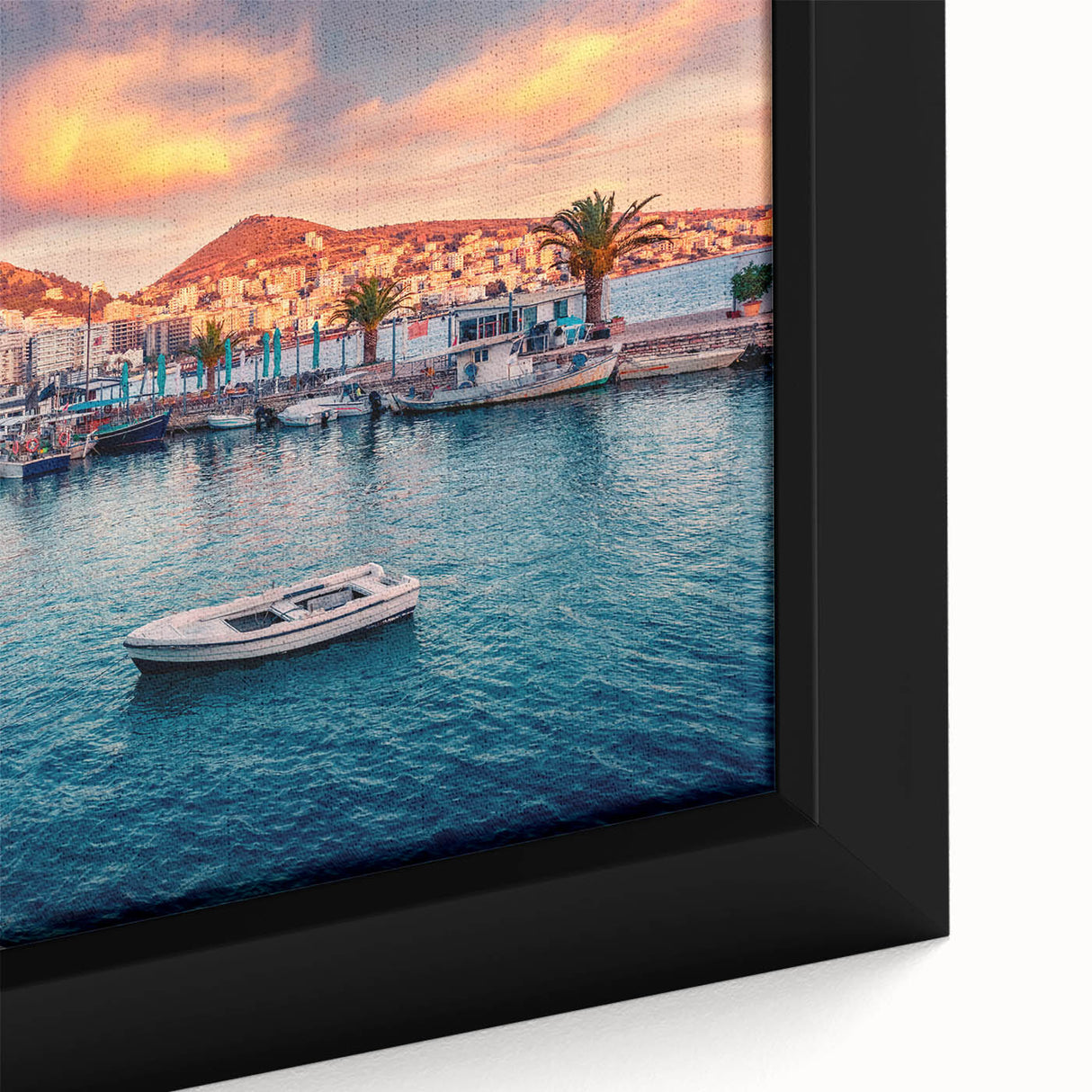 Extra large framed canvas featuring a textured black wall art scene of Albania with vibrant, colorful accents.