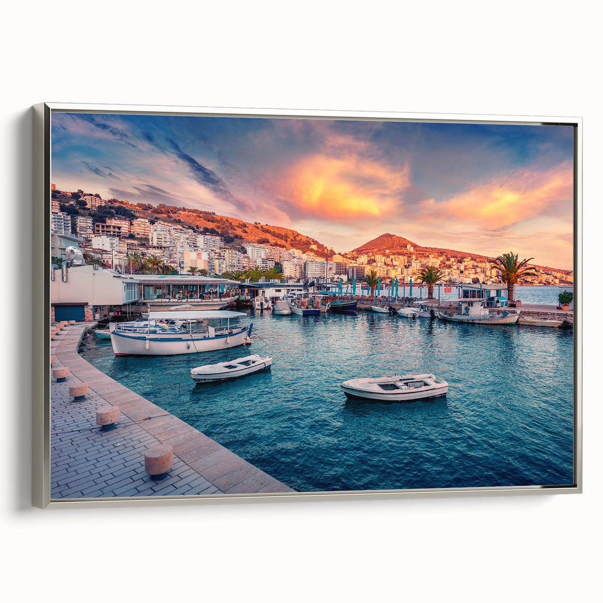 Landscape art painting of an Albanian scenery on framed canvas, featuring vibrant colors with a vintage poster style.